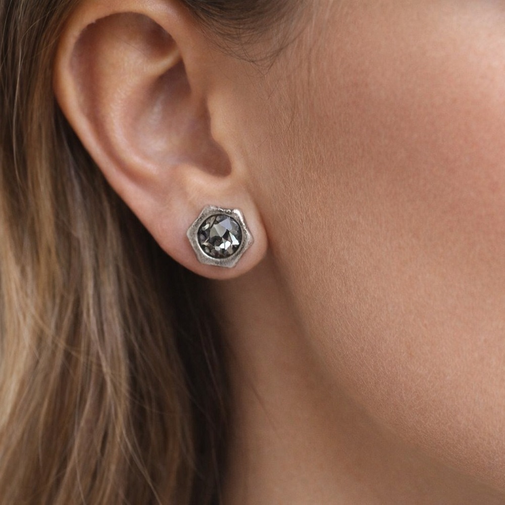Handmade Swarovski Crystal Stud Earrings Grey Hexagon Silver Tone Minimalist